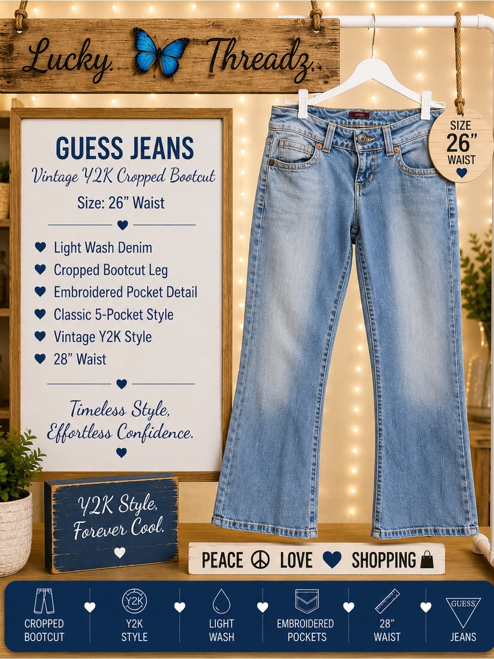 Vintage Y2K Guess cropped light washed embroidered pockets . Size 26 inch waist